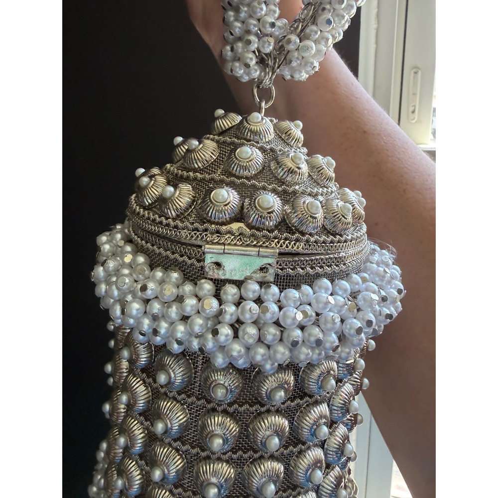 Ramla Cocktail Pearl Signature Bag OS Silver White Beaded Lantern Evening Bag - Picture 5 of 10